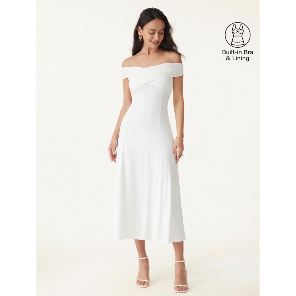 OGL Eco-SkinKiss Midi Bra Dress Womens White Criss Cross Off-shoulder Flowy
